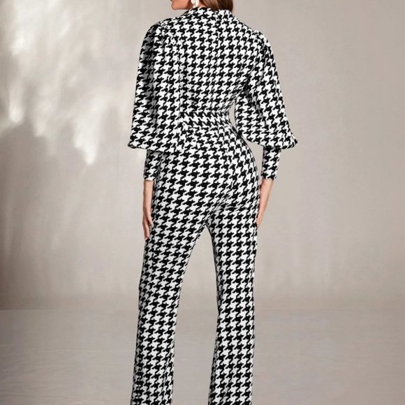 Long Sleeve Houndstooth Wide Leg Jumpsuit